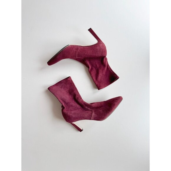 STUART WEITZMAN Rapture 75mm Maroon Suede Sock Bootie Ankle Boots, Size 10 - Picture 1 of 15